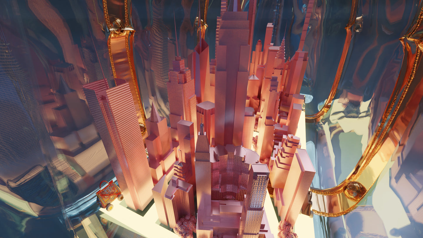New York City 3D model inside a plastic travel bag with glowing roads and cars that are designer's bags