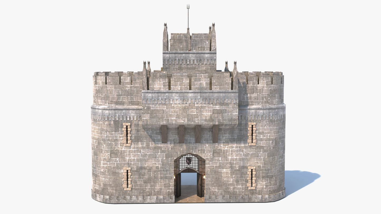 3D model of a stone castle gate on a white background. 3D model, low poly count, PBR textures, game-ready