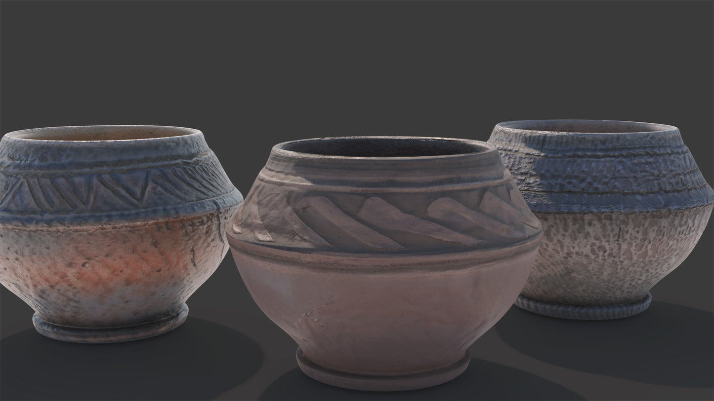 3D model of three almond shaped clay vessels, two of the rough and one of them painted with enamel, they have very rich textures that seem scratchy but also smooth. Low polycount and PBR textures make the render look hyper realistic
