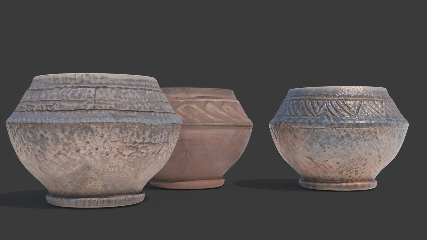 3D model of three almond shaped clay vessels, two of the rough and one of them painted with enamel, they have very rich textures that seem scratchy but also smooth. Low polycount and PBR textures make the render look hyper realistic