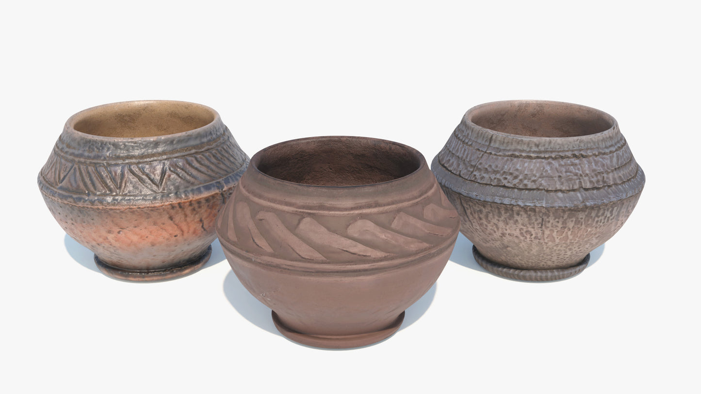 3D model of three almond shaped clay vessels, two of the rough and one of them painted with enamel, they have very rich textures that seem scratchy but also smooth. Low polycount and PBR textures make the render look hyper realistic