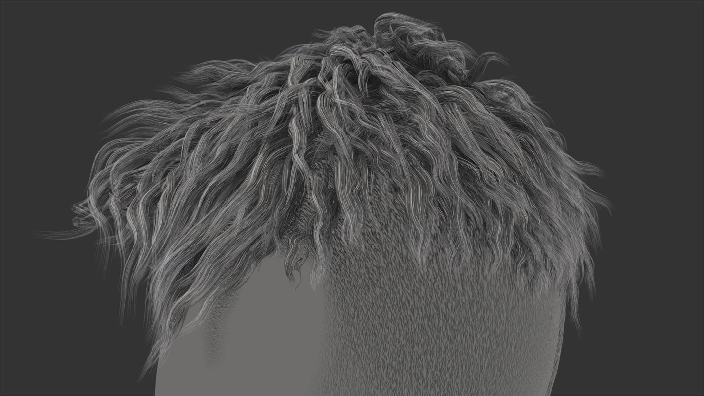3d model of a cool and messy hair style, made with mesh cards, low polycount, and PBR textures