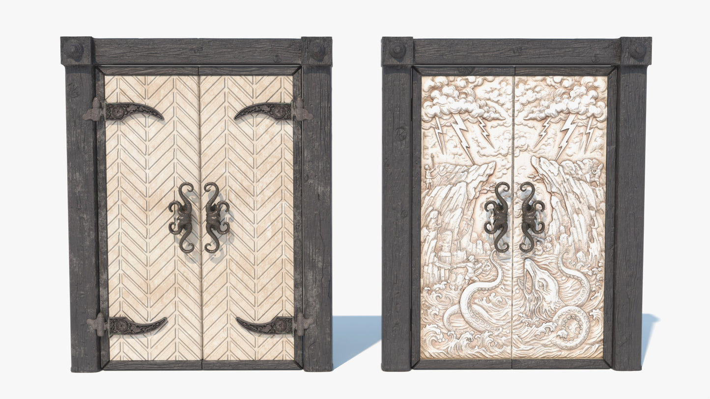 Decorative wooden doors with intricate carvings and metal handles, 3D model, game asset, lowpoly