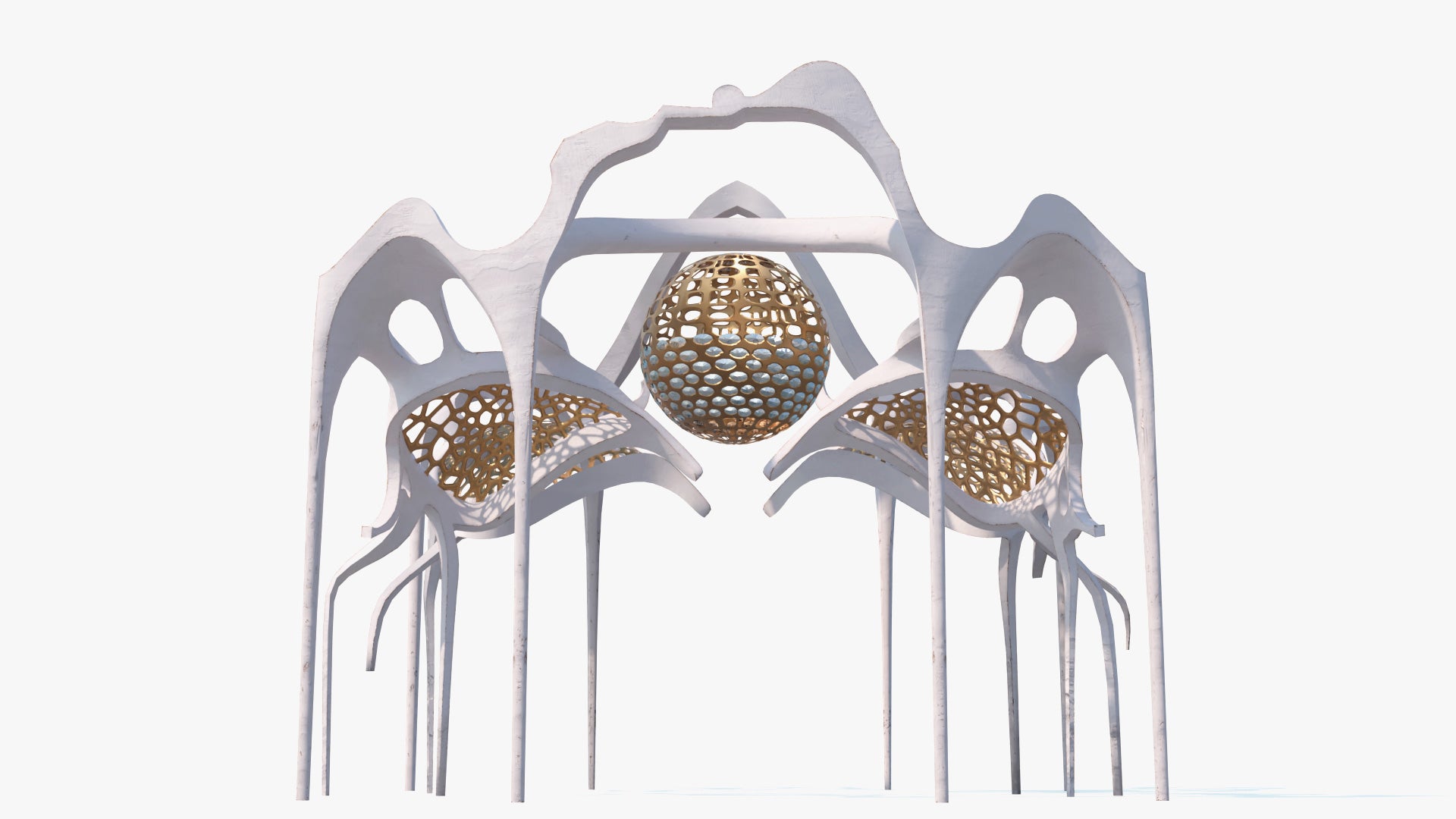Modern futuristic building structure in art nouveau style, it has thin, organic columns, with golden mesh vaults and a floating jeweled sphere in the center, 3d model