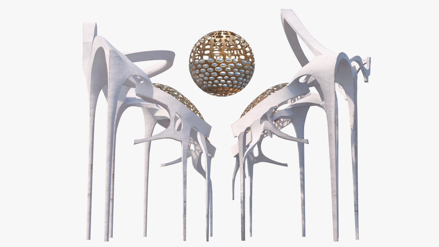 Modern futuristic building structure in art nouveau style, it has thin, organic columns, with golden mesh vaults and a floating jeweled sphere in the center, 3d model