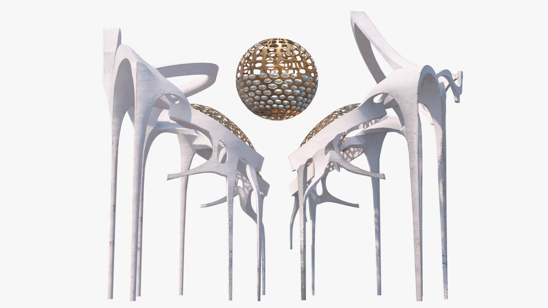 Modern futuristic building structure in art nouveau style, it has thin, organic columns, with golden mesh vaults and a floating jeweled sphere in the center, 3d model