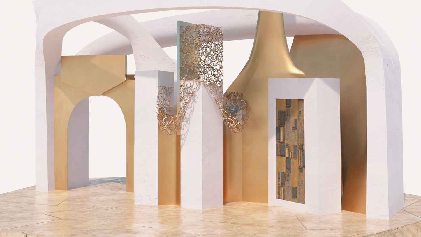 Modern futuristic structure 3D model for Blender, GLB and FBX, PBR, lowpoly, with a Klimt style painting and arched doors