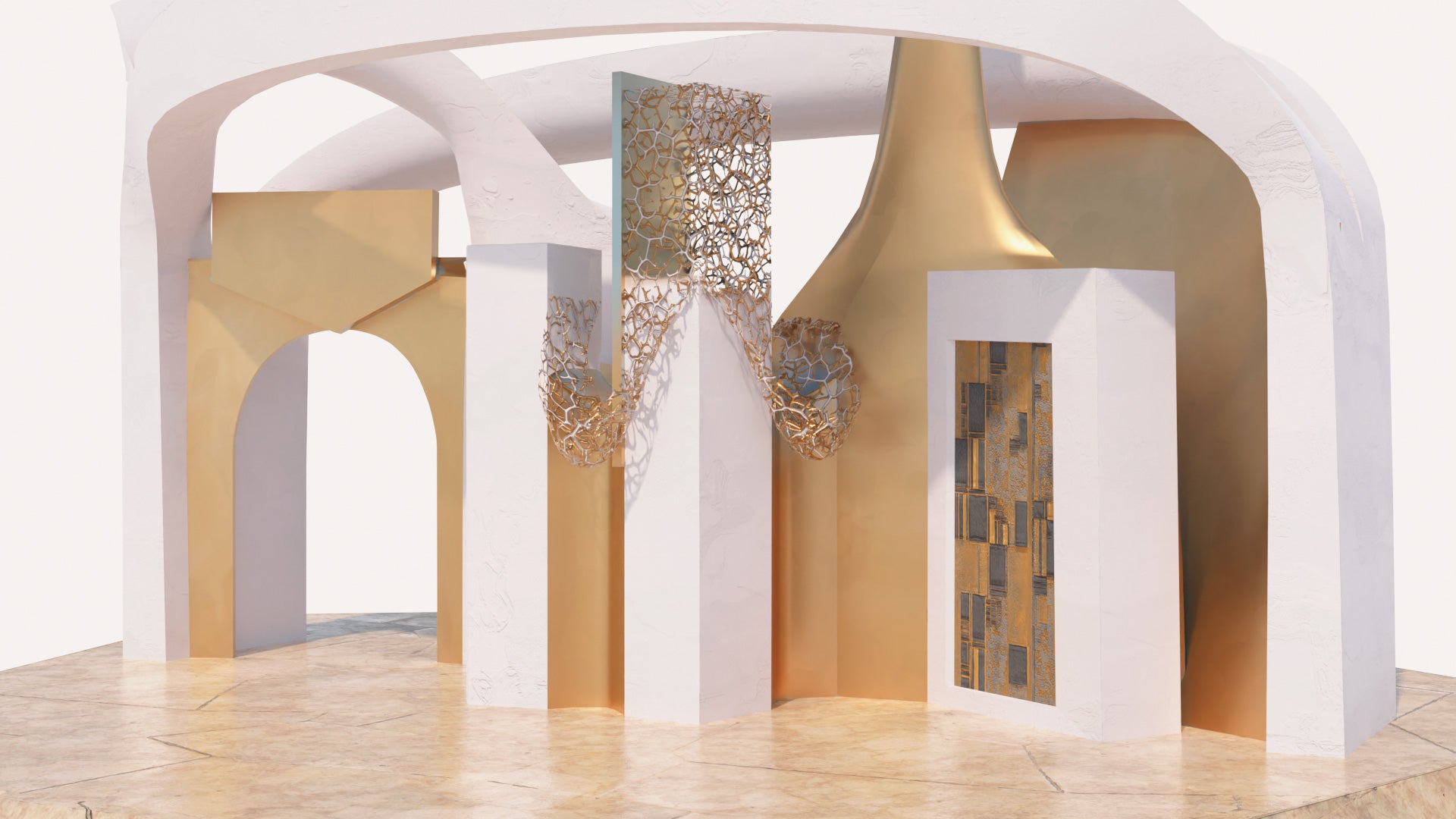 Modern futuristic structure 3D model for Blender, GLB and FBX, PBR, lowpoly, with a Klimt style painting and arched doors