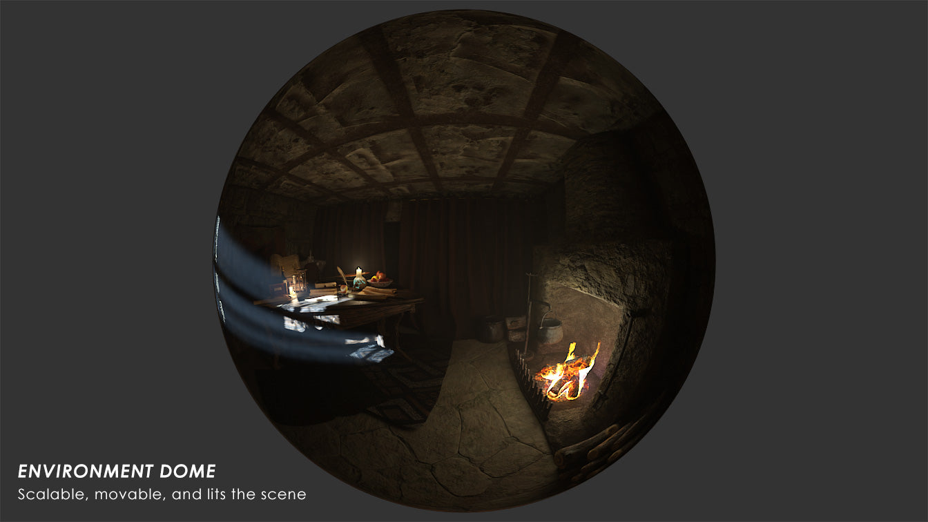 Medieval alchemist office hdri environment dome, medieval scenery for VR