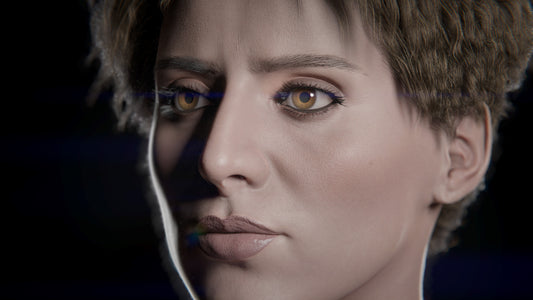 Closeup of Transhuman4Blender Female 1 preset, 3D character for Blender, with realistic skin and eyes, looks beautiful and renders fast!