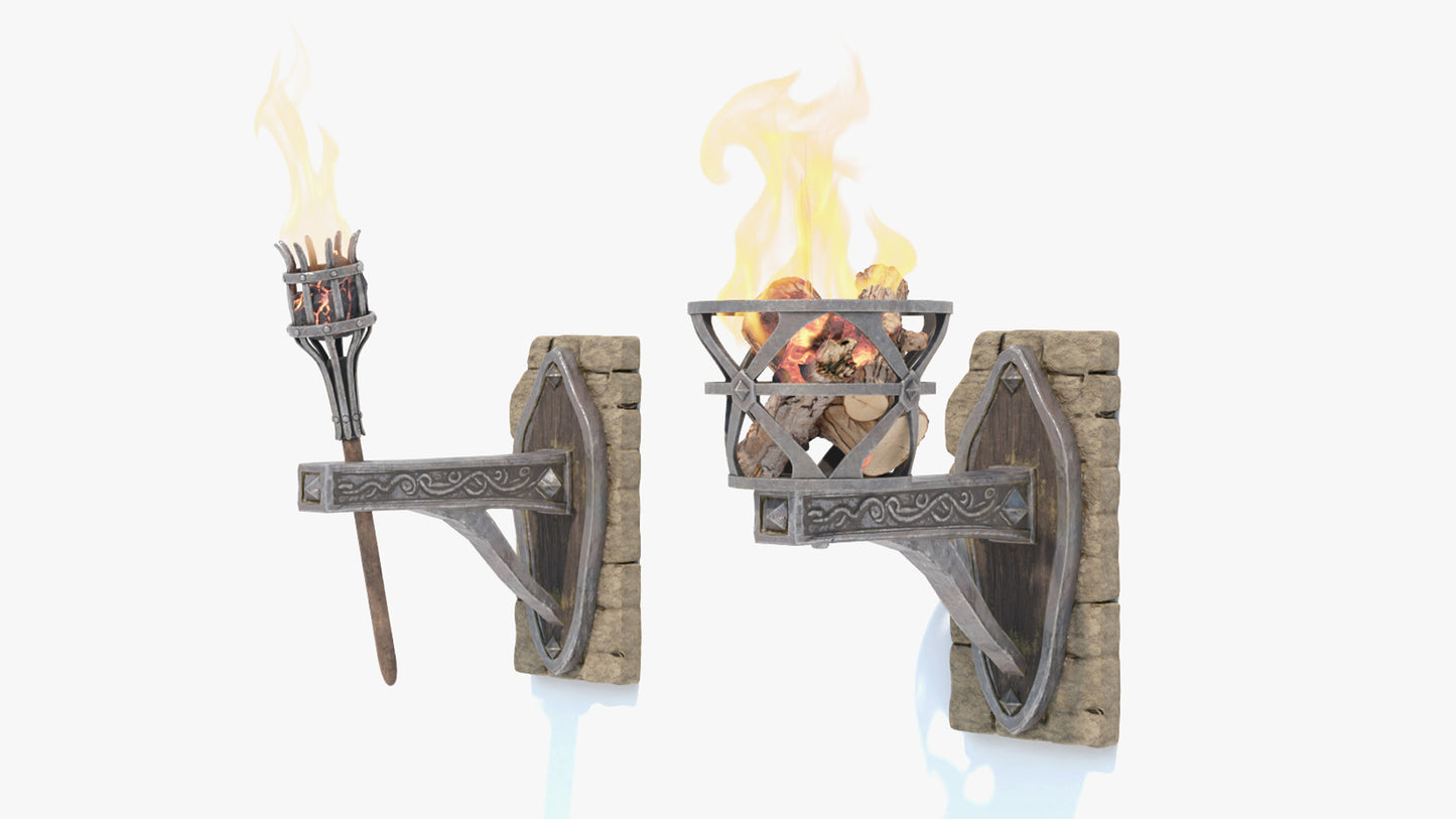 Two wall-mounted torches with flames on a white background. Game ready 3D model with low poly count and PBR materials