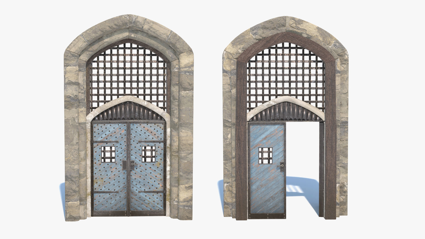 Two stone archway doors with decorative grid and reinforced iron rivets on a white background. Game ready 3D model with low poly count and PBR materials