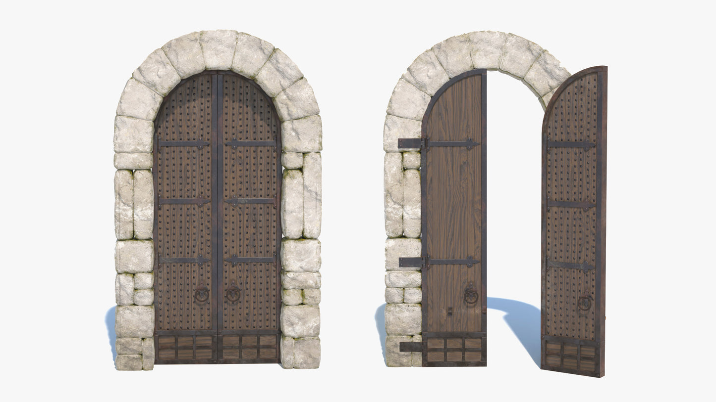 Medieval gatehouse main gate, 3d model of a door, with low polycount, pbr textures, realistic game asset