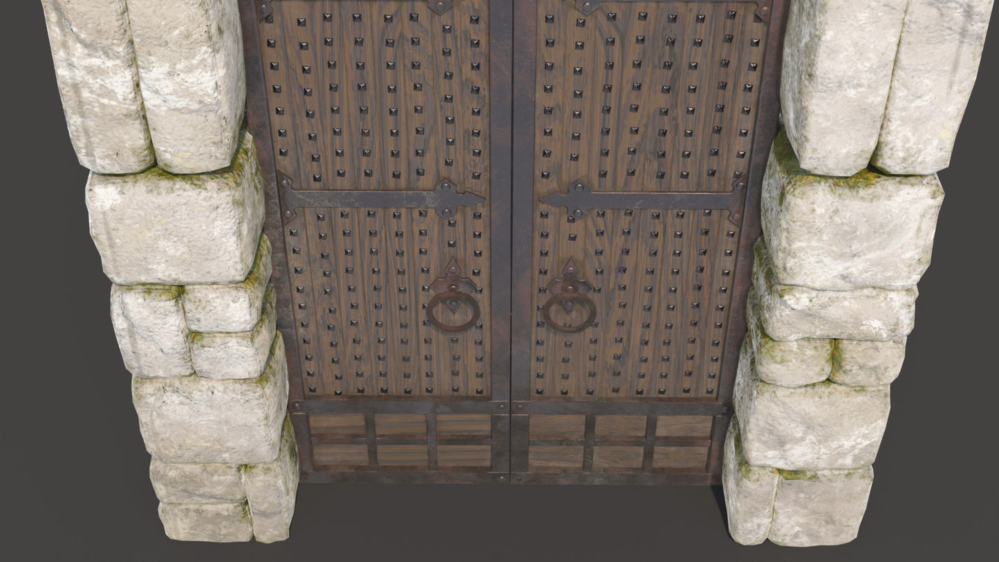 Medieval gatehouse main gate, 3d model of a door, with low polycount, pbr textures, realistic game asset
