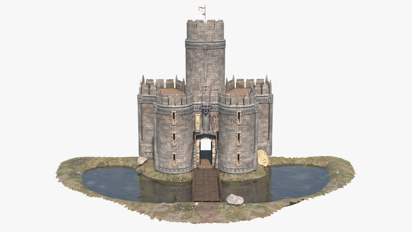 Medieval Castle gatehouse with a drawbridge and portcullis, 3D model game asset with PBR materials, low poly, realistic