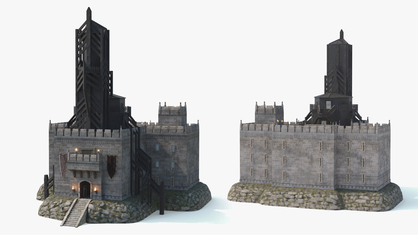 Medieval fantasy keep with tower 3D model, lowpoly, game ready