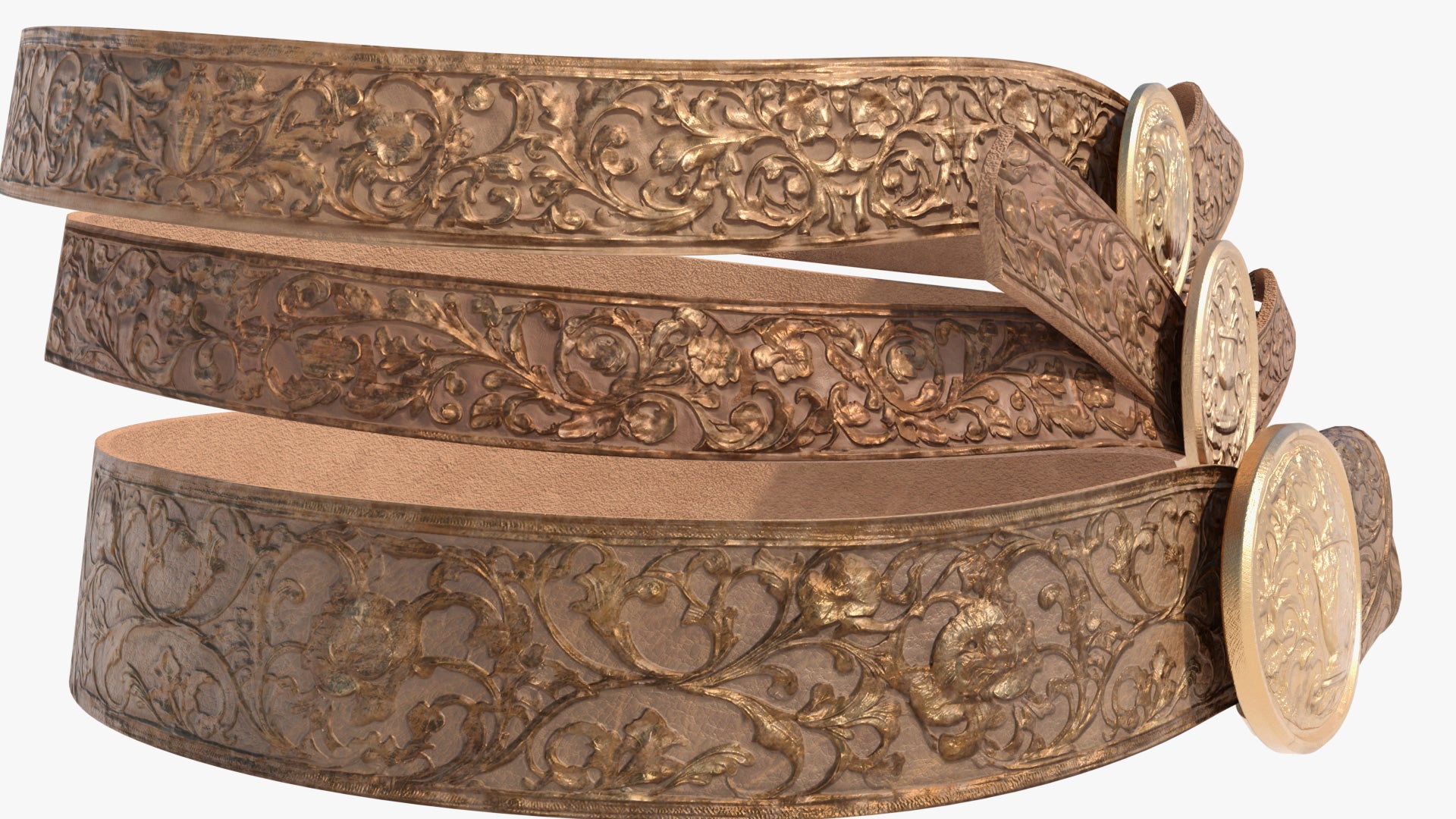 3D model of three belts in medieval fantasy style, inspired by ancient Rome, floral embossed details in the leather