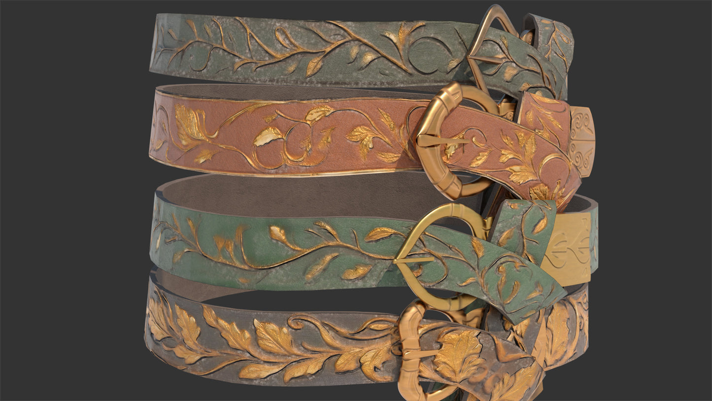 3D model of four medieval fantasy belts made of embossed leather with floral patterns, painted in gold, with elegant ancient buckles/ PBR textures and lowpoly