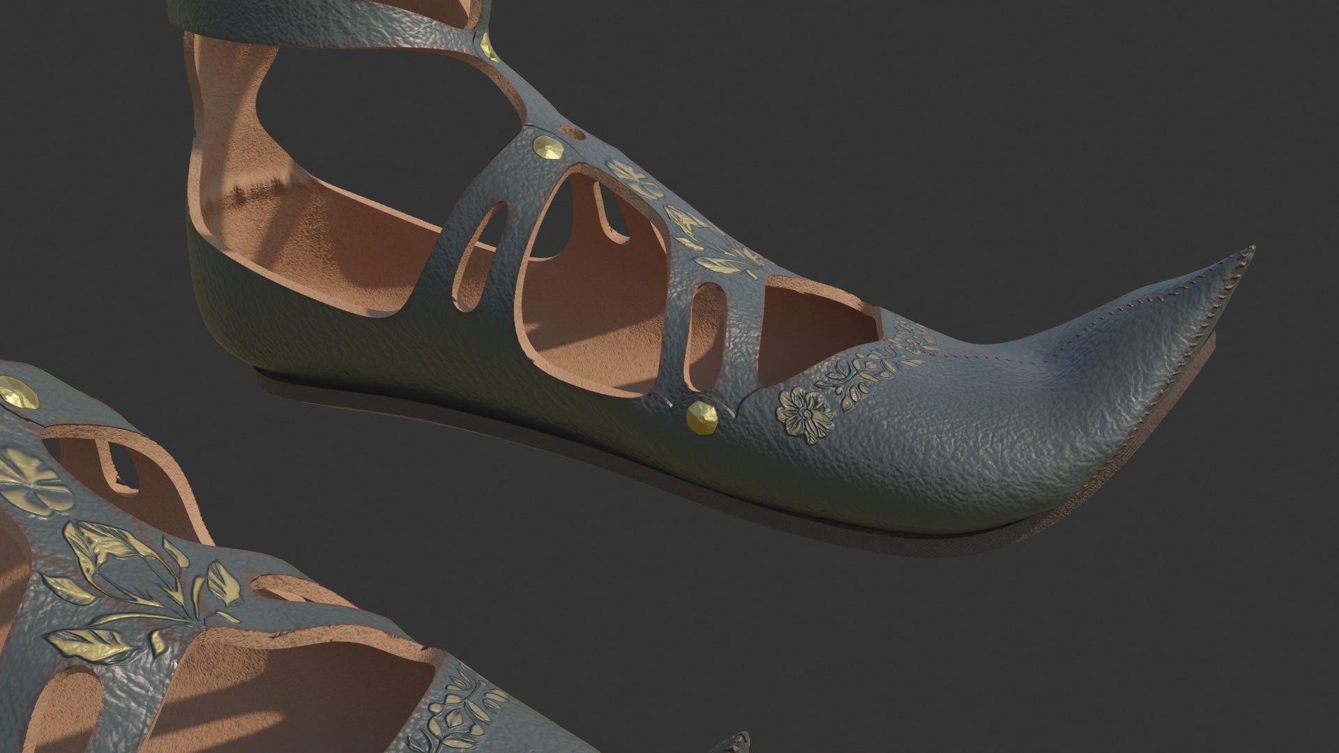 Medieval fantasy shoes / sandals with embossed floral motifs and painted in gold