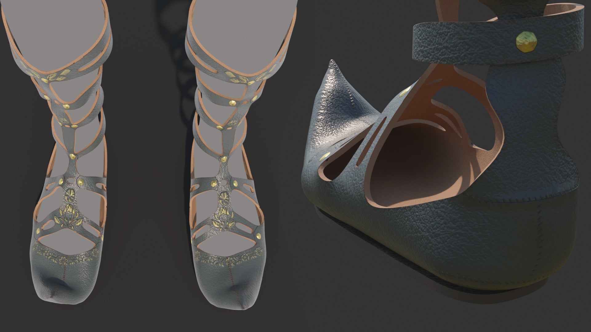Medieval fantasy shoes / sandals with embossed floral motifs and painted in gold