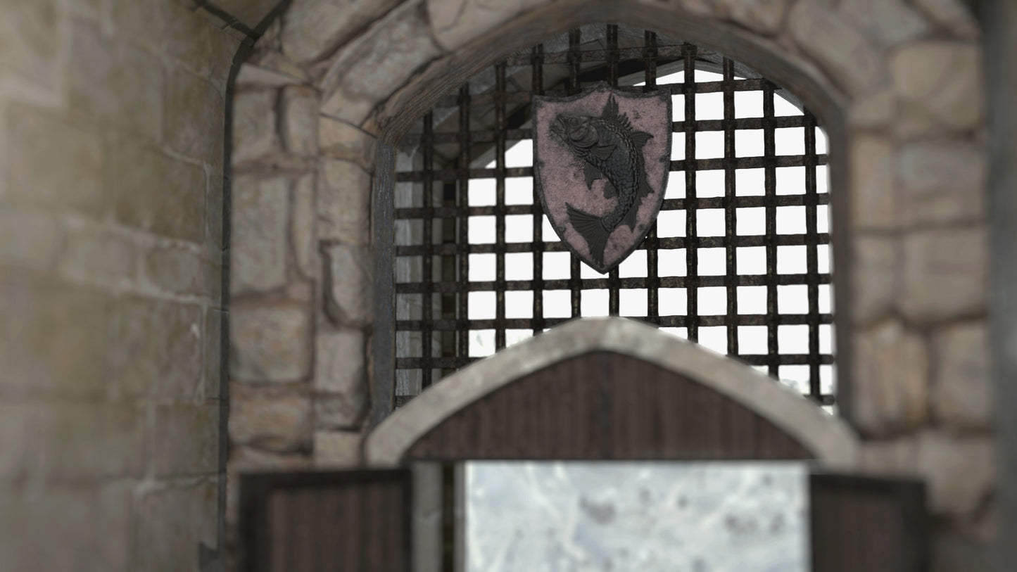 Stone archway with a metal grille and a shield emblem in the center. Example of use