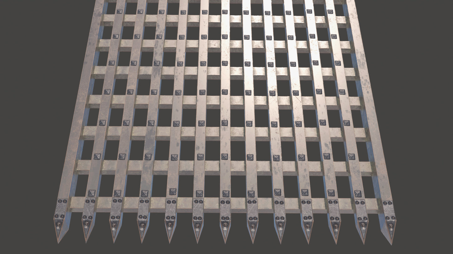 3D model of a medieval portcullis reinforced with iron rivets, chain and a winch system, low in polygons, perfect for game ready, and shaded with PBR textures