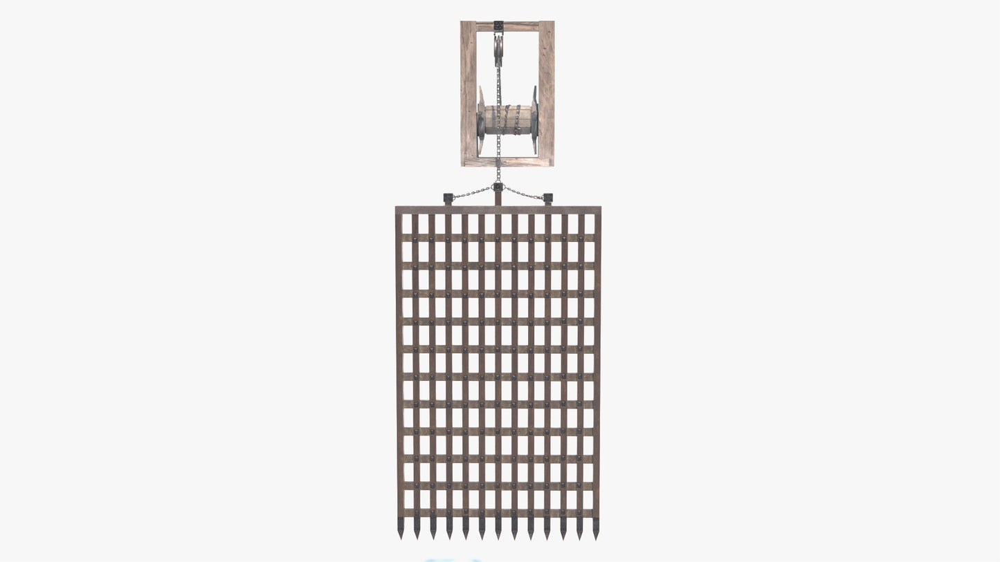3D model of a medieval portcullis, low in polygons, perfect for game ready, and shaded with PBR textures
