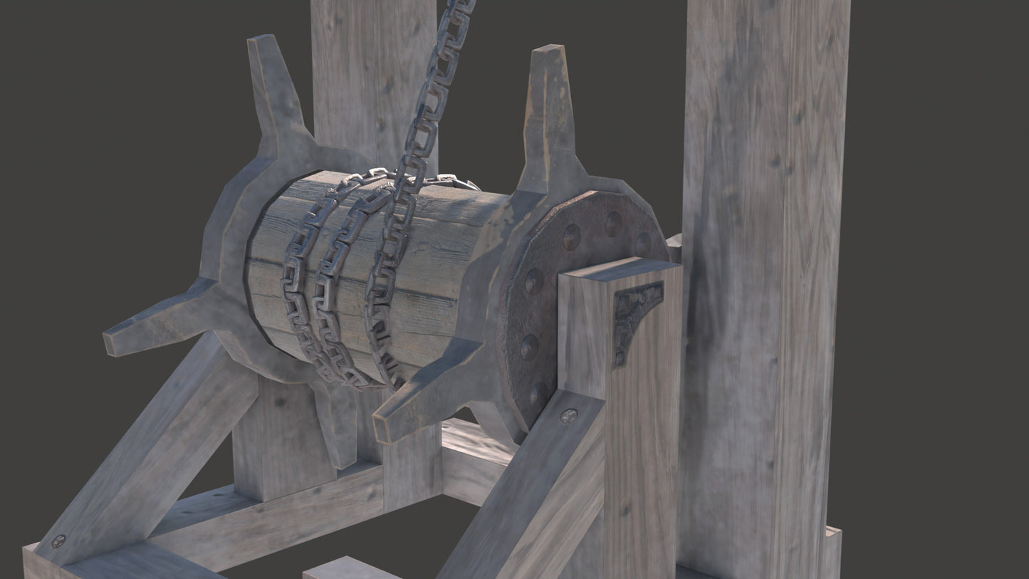 3D model of a medieval portcullis with a pole, chain and a winch system, low in polygons, perfect for game ready, and shaded with PBR textures