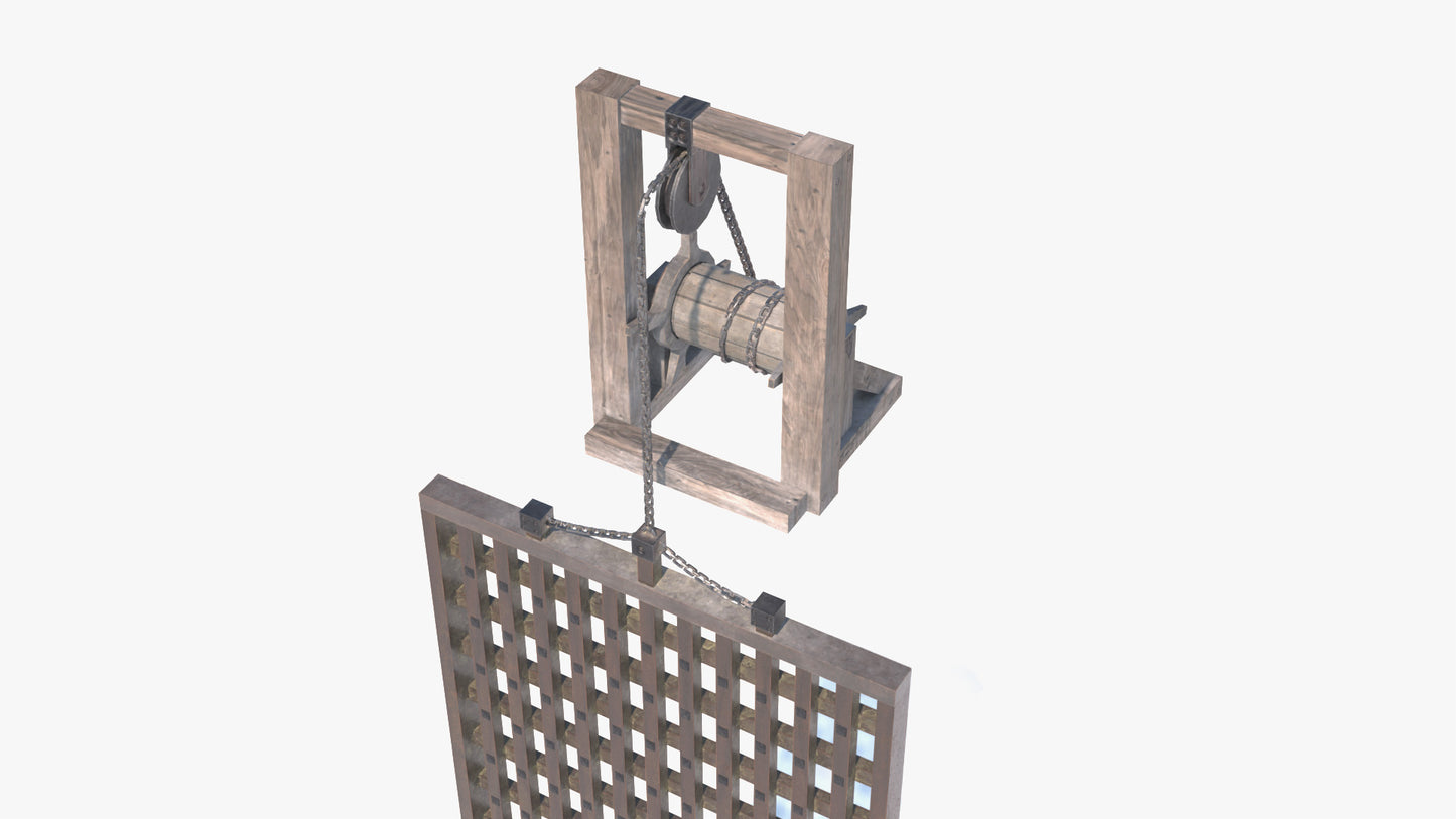 3D model of a medieval portcullis with a pole, chain and a winch system, low in polygons, perfect for game ready, and shaded with PBR textures