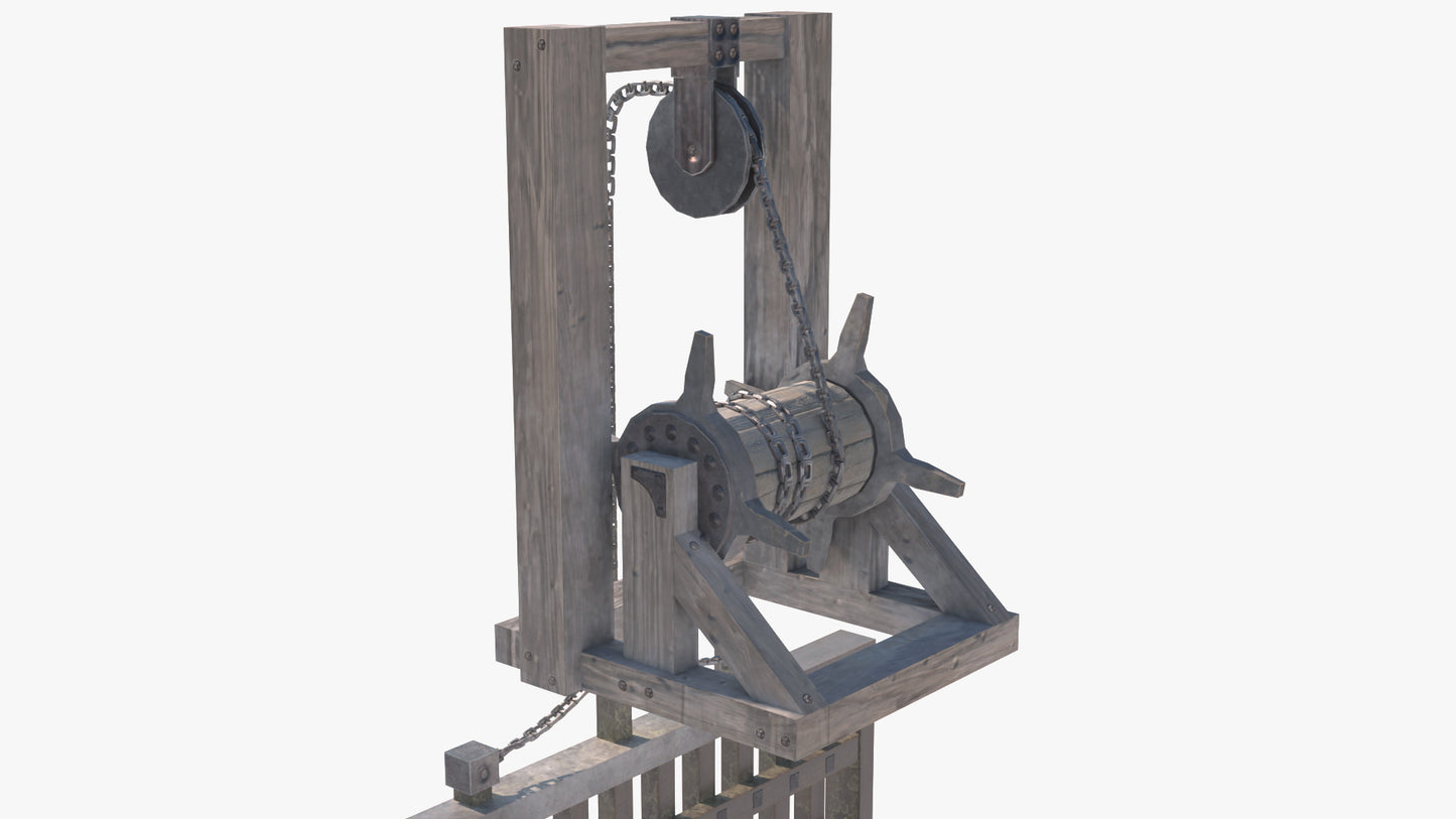3D model of a medieval portcullis with a pole, chain and a winch system, low in polygons, perfect for game ready, and shaded with PBR textures