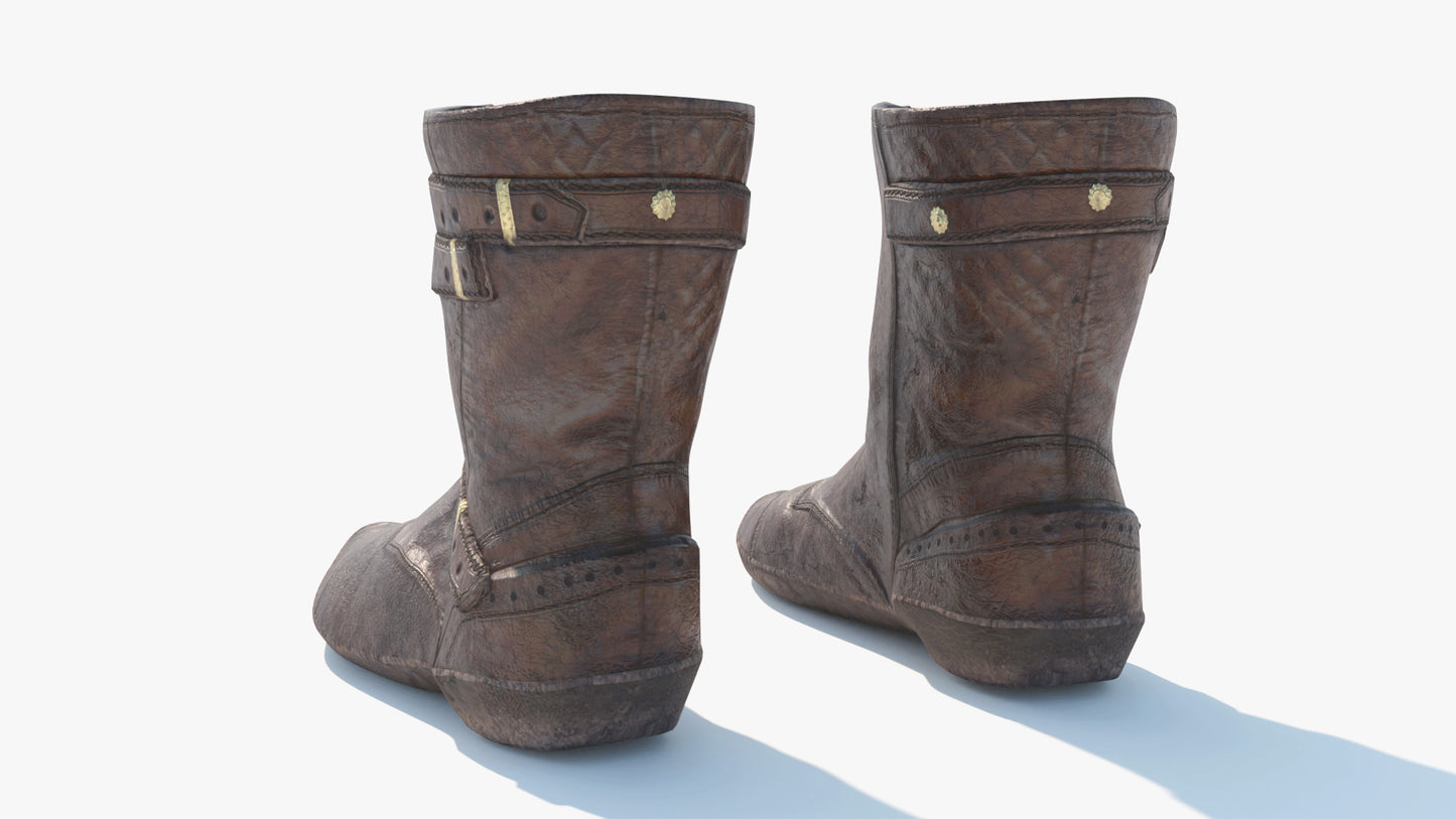 3D model of short medieval boots with pointy ends, made of leather, with rough suede cords and weather surfaces. The model is lowpoly and PBR, but looks very realistic