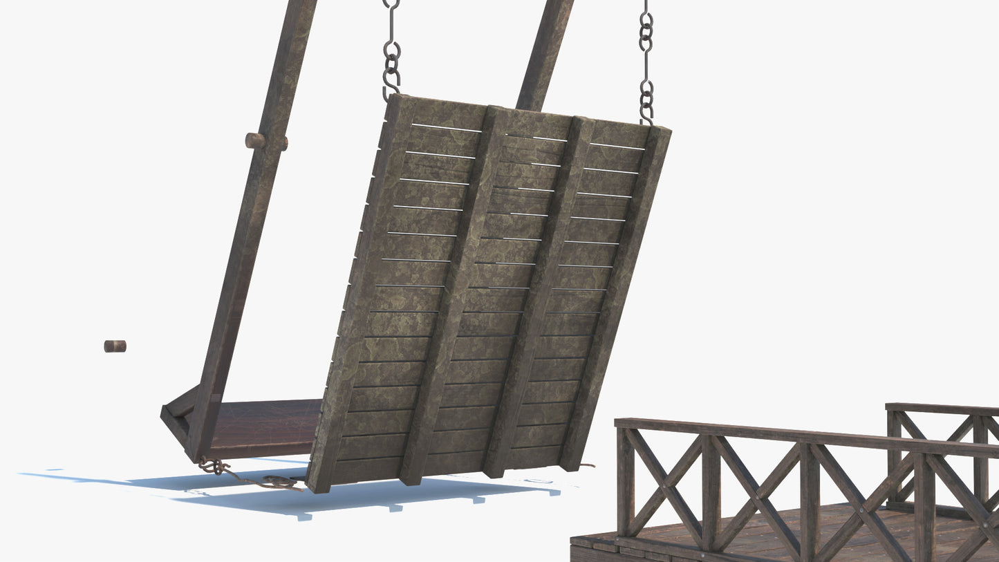 Medieval Counterweight Drawbridge 3D model with low polycount, PBR textures, gam asset