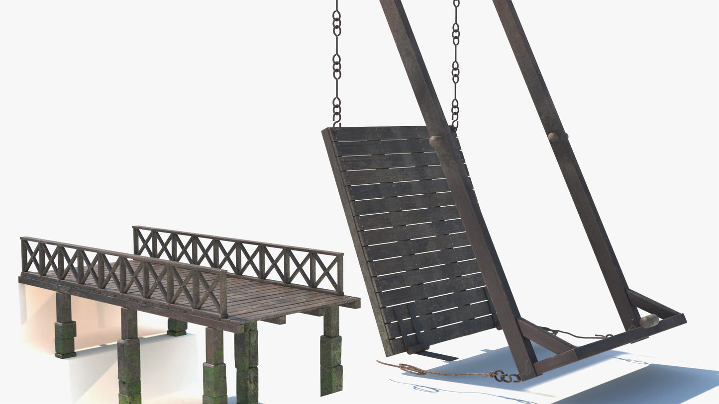Medieval Counterweight Drawbridge 3D model with low polycount, PBR textures, gam asset
