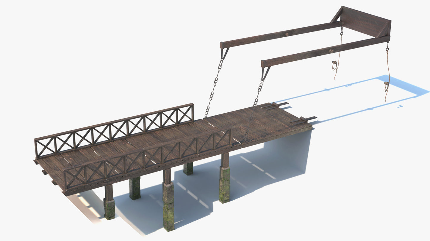 Medieval Counterweight Drawbridge 3D model with low polycount, PBR textures, gam asset