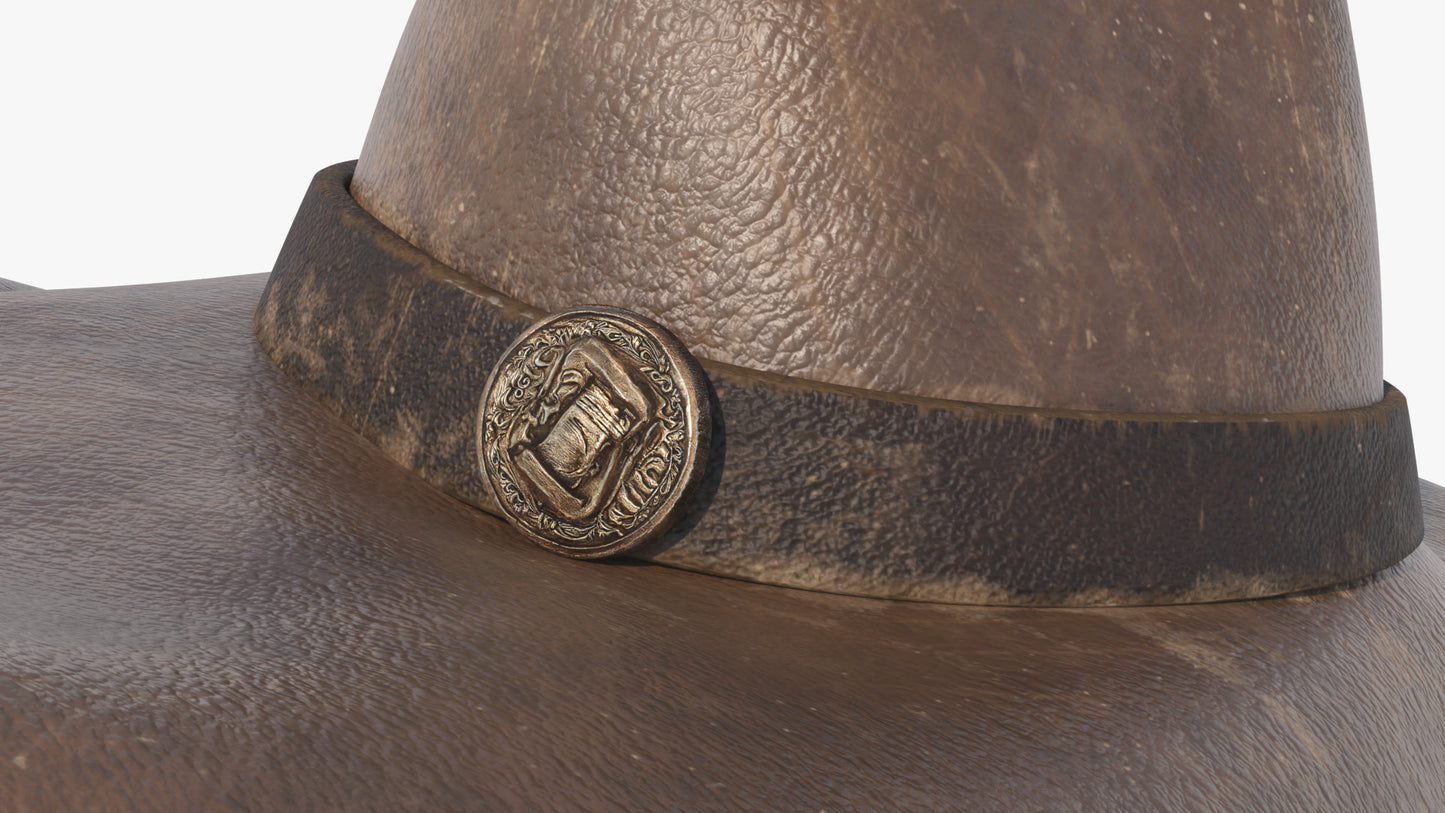 3D model of a medieval witch hat made of worn leather with a belt and an ancient buckle. The model has low polycount, PBR textures and clean UV, perfect for games and the metaverse