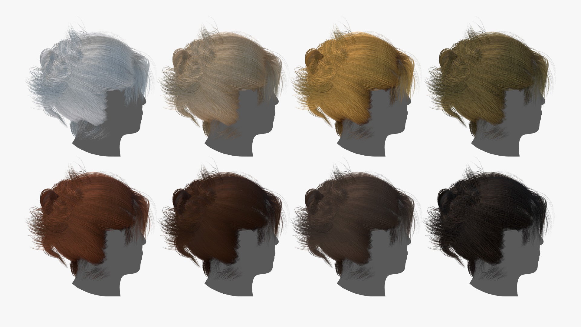Mesh Card hair of a messy bun with bangs, lowpoly and PBR textures, for Blender and OBJ, by Heledahn