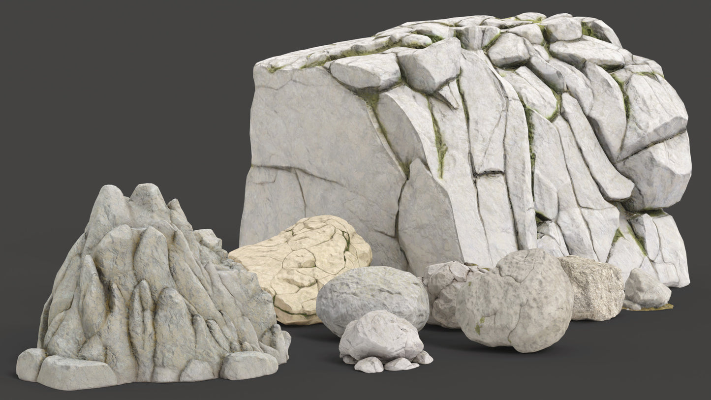3D model of 10 mountain rocks and boulders, extremely realistic, lowpoly, shaded with PBR materials, these rocks are game ready. (FBX, GLB, and Blender files)
