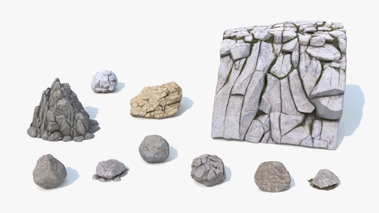 3D model of 10 mountain rocks and boulders, extremely realistic, lowpoly, shaded with PBR materials, these rocks are game ready. (FBX, GLB, and Blender files)