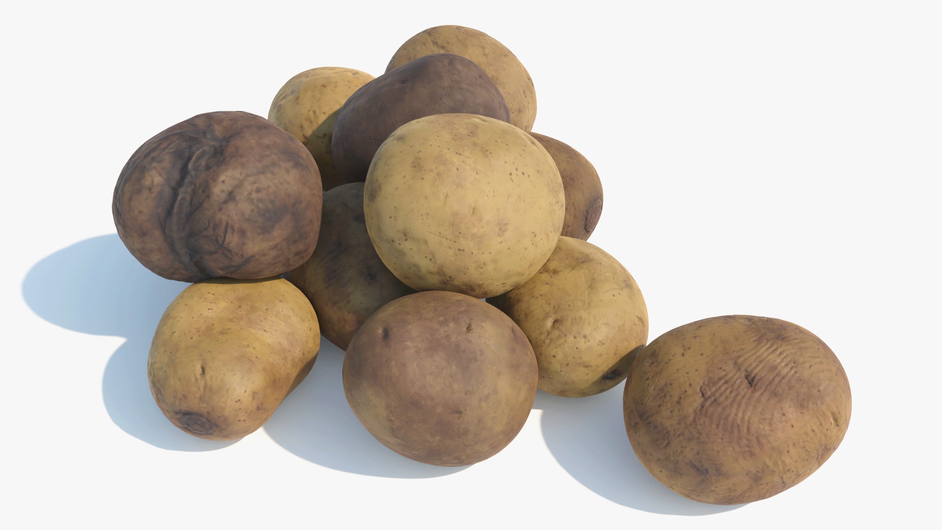 #D model of a group of 12 potatoes of wich 4 are clean, 4 are dirty, and 4 are old. Lowpoly and PBR materials make this a great game asset, perfect for the metaverse