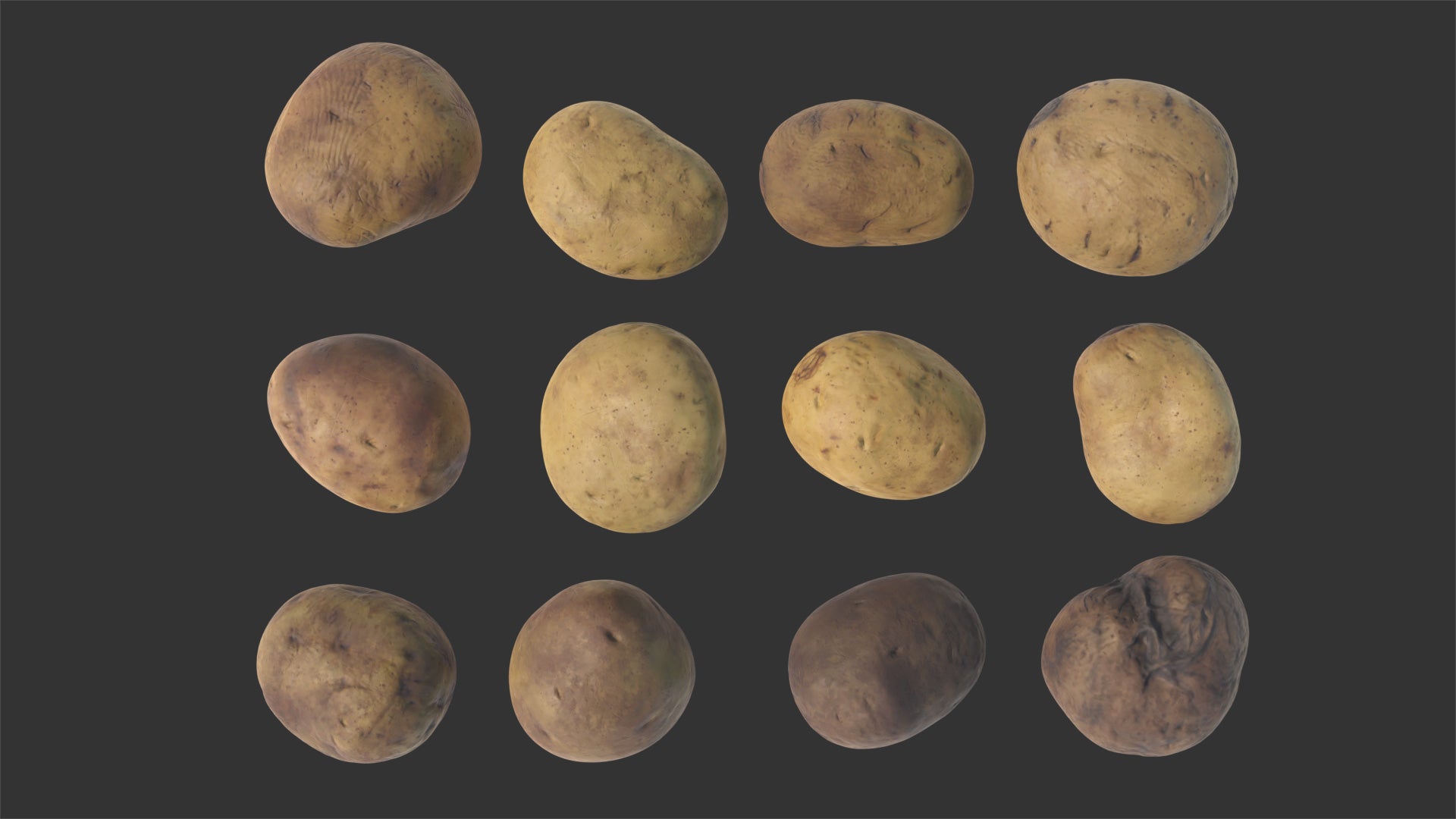 #D model of a group of 12 potatoes of wich 4 are clean, 4 are dirty, and 4 are old. Lowpoly and PBR materials make this a great game asset, perfect for the metaverse