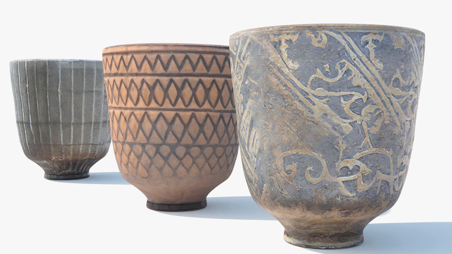3D model of three ornamental rustic cups made of clay. Lowpoly and PBR textures make them game ready and perfect for the metaverse