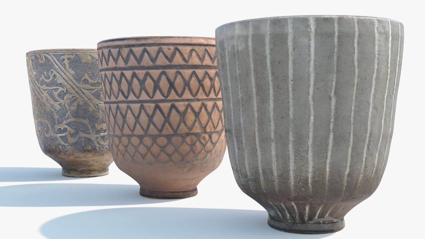 3D model of three ornamental rustic cups made of clay. Lowpoly and PBR textures make them game ready and perfect for the metaverse