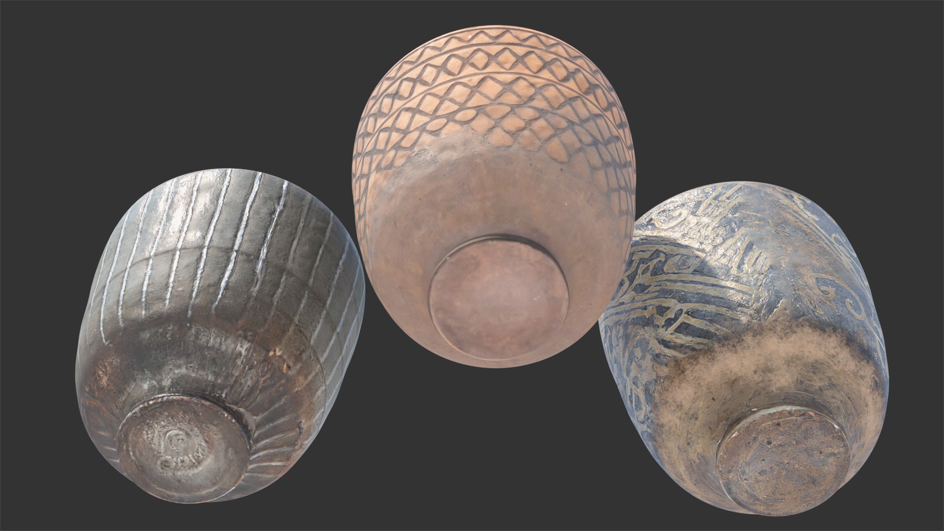 3D model of three ornamental rustic cups made of clay. Lowpoly and PBR textures make them game ready and perfect for the metaverse