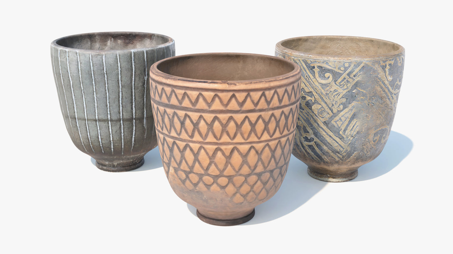 3D model of three ornamental rustic cups made of clay. Lowpoly and PBR textures make them game ready and perfect for the metaverse