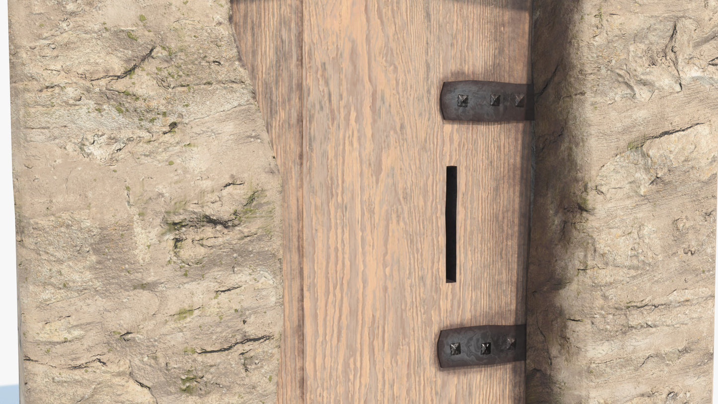 3d model of a secretive medieval rustic door and window, set on a stone wall, made with low polycount and PBR textures. Perfect game asset for the metaverse