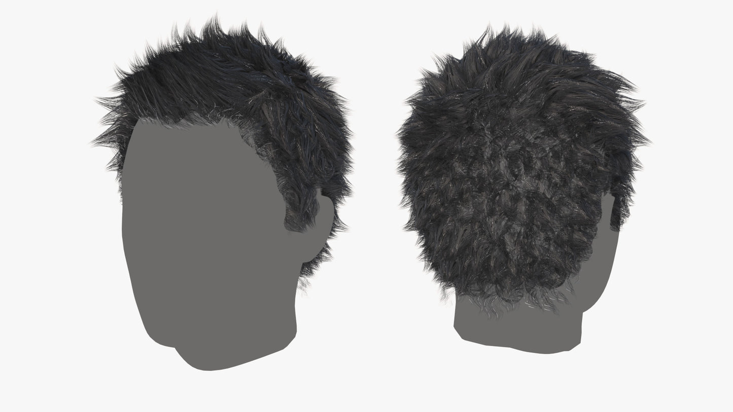 A 3d model of hair made of mesh tubes, with a cool short, spikey, messy style, it's lowpoly and realtime