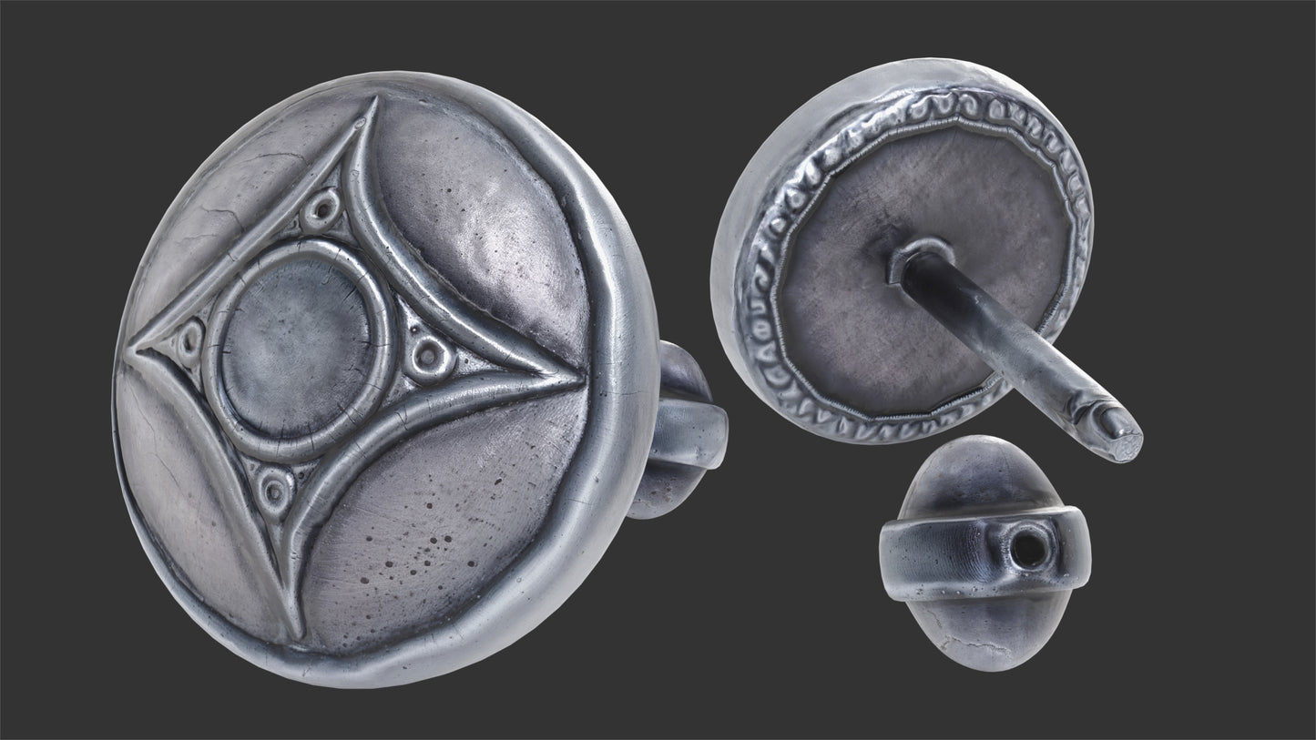 3D model of a silver button earing with a Celtic or Viking runes engraved. Lowpoly and PBR textures make it perfect for game asset