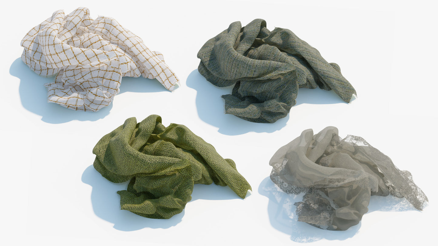 3D model of four cloths made into a ball shaded in different colors such as lace and silk, rustic with orange squares, fresh green, and grey with pastel thread interlaced
