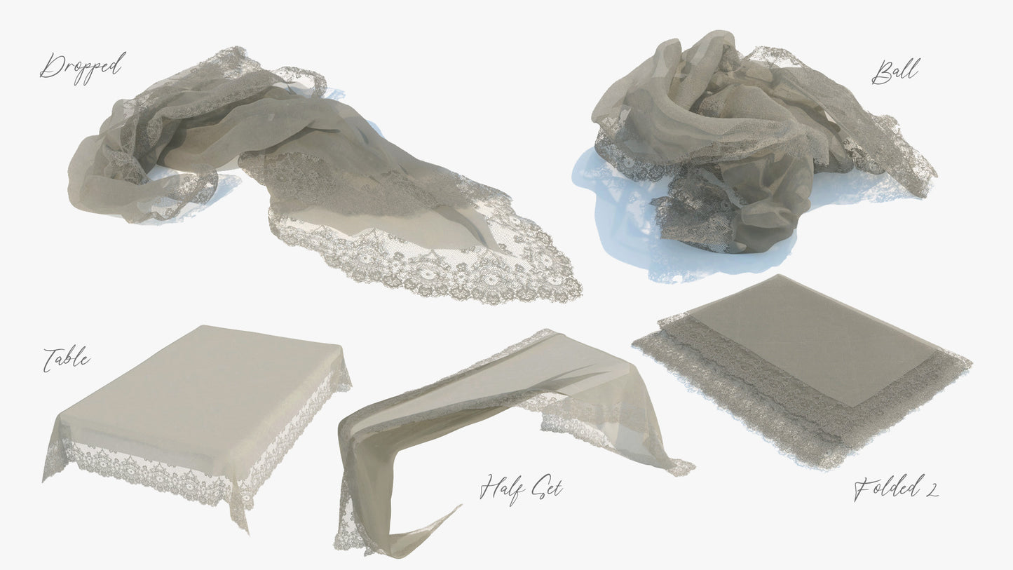 3D model of five table cloths in different positions such as dropped, made into  a ball, neatly folded, set on a table, and set on a table badly displaced