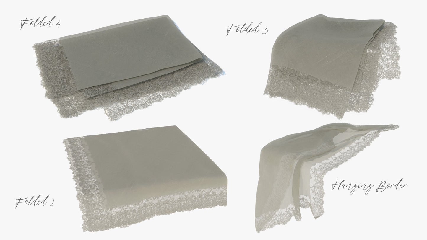 3D model of four table cloths in different positions such as neatly folded, folded and hanging, folded across the table's width, and set on a table hanging half down